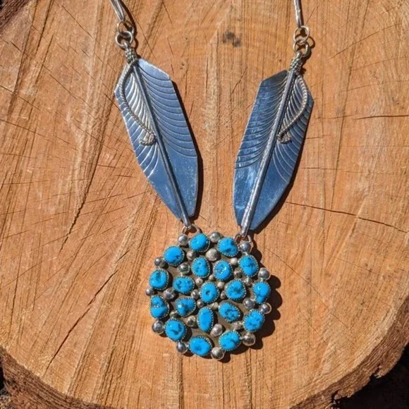 Native American Chain Necklace Handmade Cluster Turquoise 2 Large Leaves*** - Picture 7 of 11
